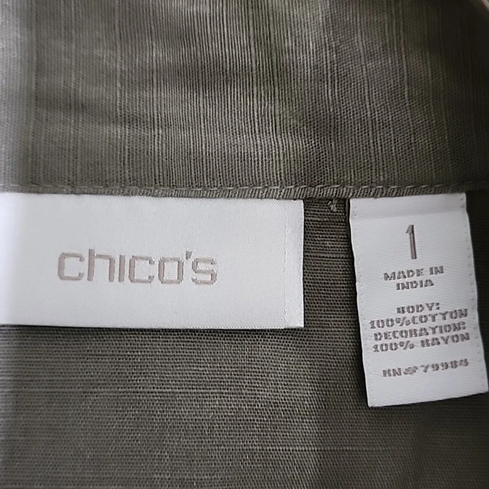 Chicos Jacket Beaded Embroidered Open Front Olive Green Boho‎ Cottage Size M